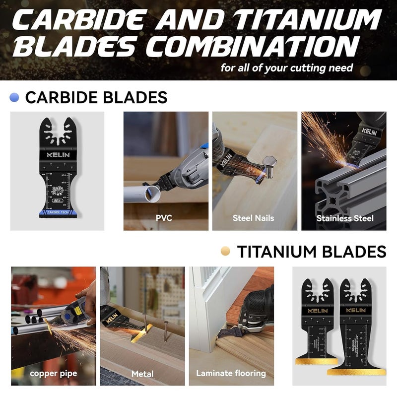 KELIN 6 PCS Carbide and Titanium Multitool Blades Kit, Heavy Duty Oscillating Tool Saw Blades for Steel Bolts Screws Metal Wood Cutting with Hangable Case, Universal Interface Fit Bosch Fein Dewalt - Image 4